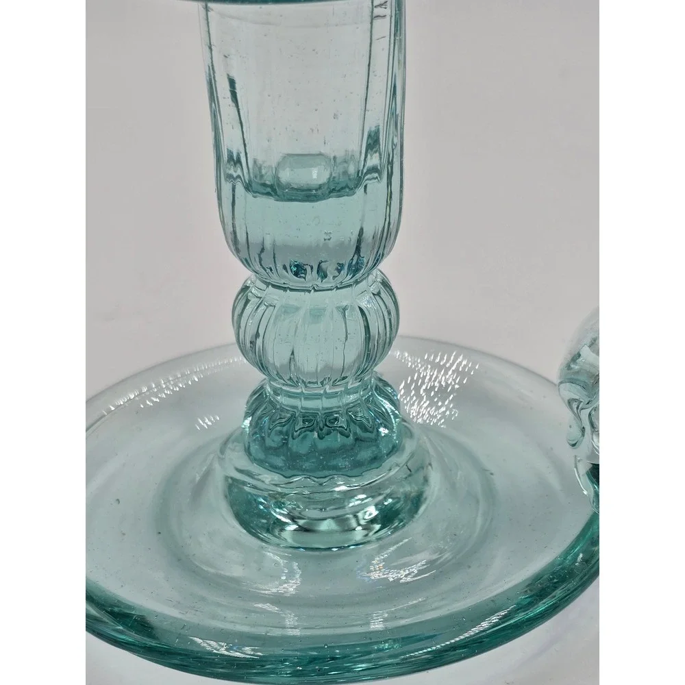 Vintage Rare Vetreria Etrusca Green Glass Chamberstick Taper Holder Blue Rim